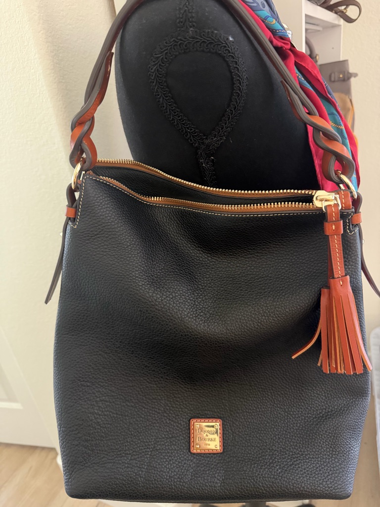 Dooney & Bourke Black Leather Shoulder Hobo With Tan Trim And Tassel